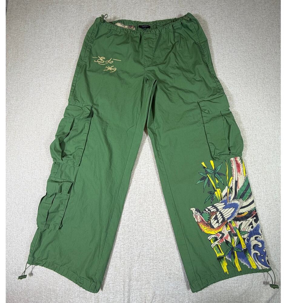Ed Hardy Women M Green Wide Leg Cargo Pants Artsy Y2K Streetwear Utility Fit